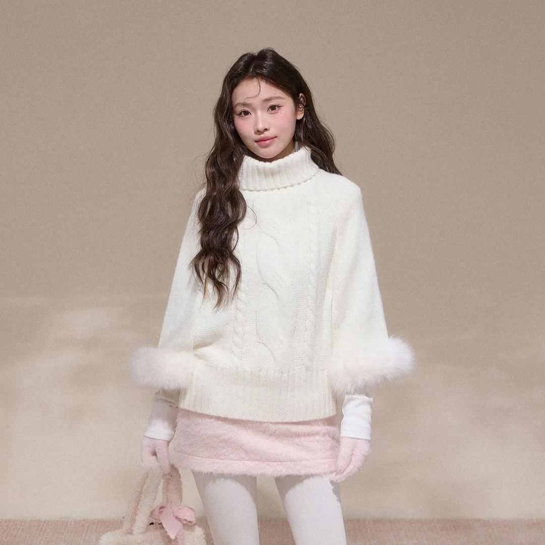 NCXK-绞花纹高领斗篷毛衣可拆卸毛毛七分袖气质针织衫MY25182