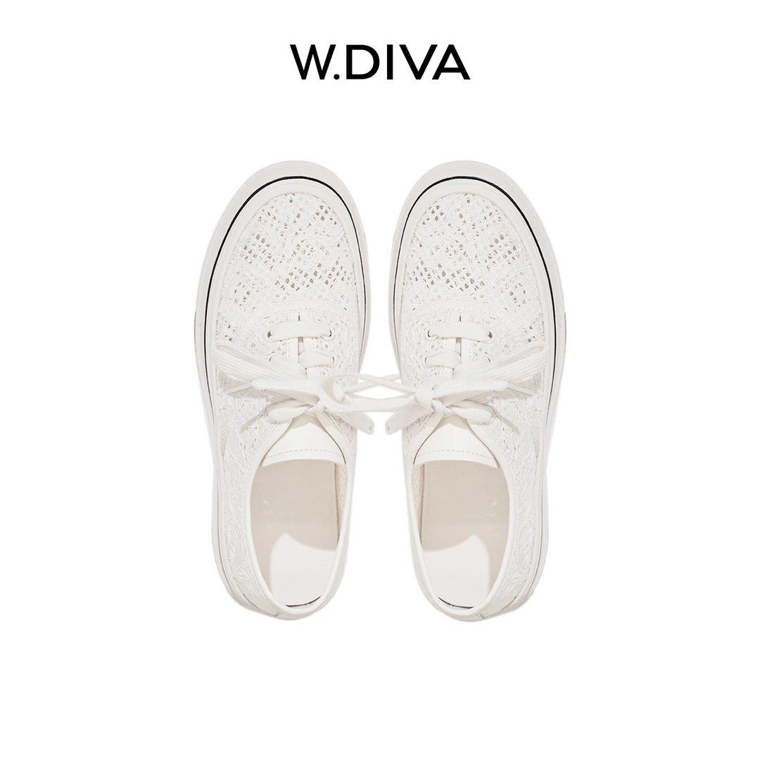 W.Diva【夏白】夏季重工蕾丝洋气透气网纱真皮包边小白鞋50X222507