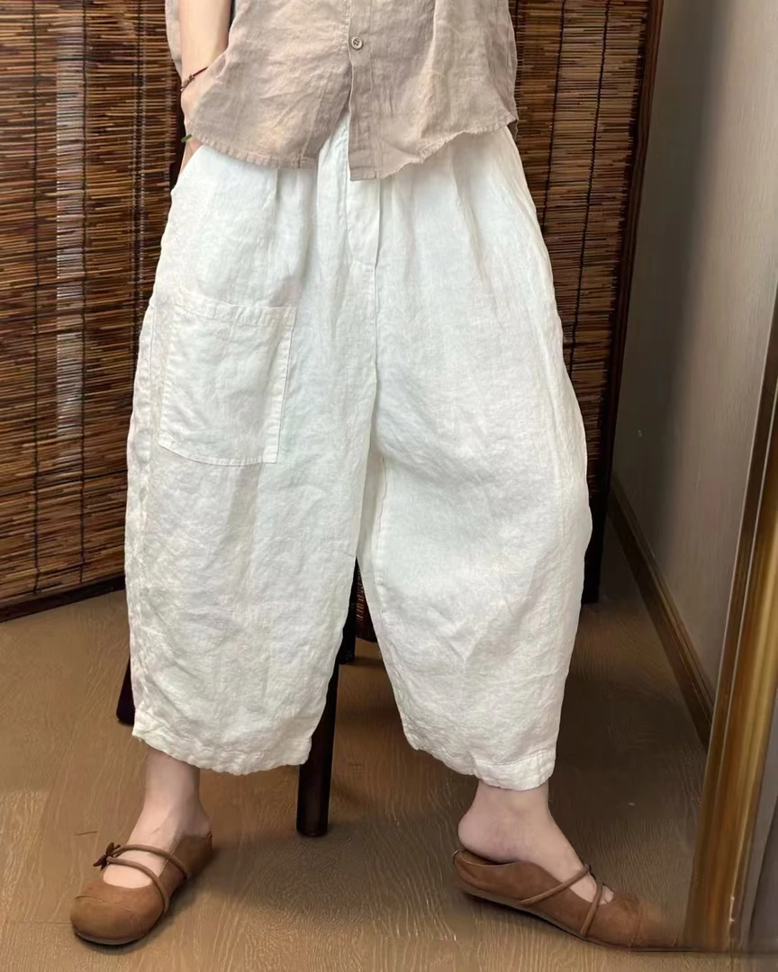 夏季 100亚麻八分裤休闲宽松阔腿裤百搭显瘦纯色时尚松紧腰薄款