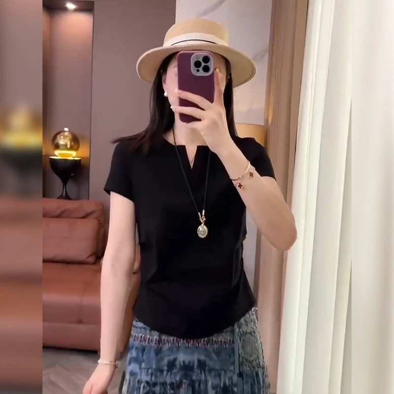 灵妙~2025百搭休闲短袖T恤女士洋气收腰上衣设计感百搭褶皱衣服潮