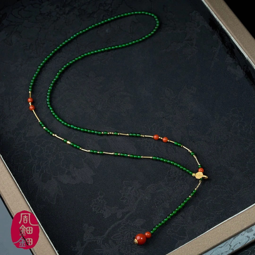 周钿钿®|雀翎|天然A货高冰满绿翡翠南红18K金Y型设计款毛衣链