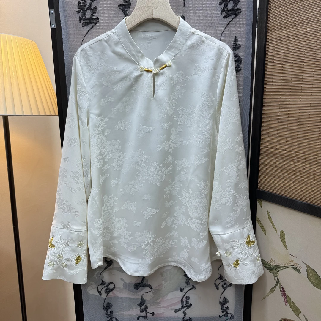 [袖口蝴蝶]提花衬衫气质长袖网红时尚新中式中国风立领衬衣白色
