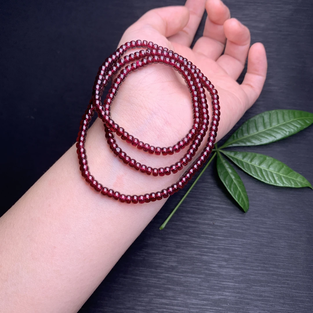 天然酒红石榴石三圈手链直切4mm 可DIY配件 净体通透干净简约精致