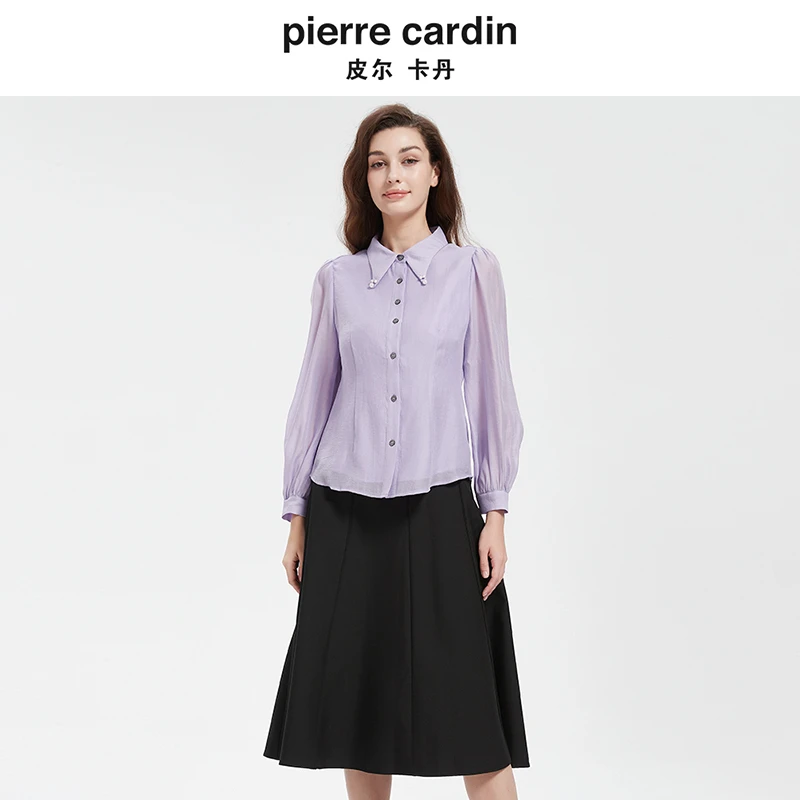 【皮尔卡丹女装】衬衫 新款长袖纯色单排扣休闲百搭翻领衬衣