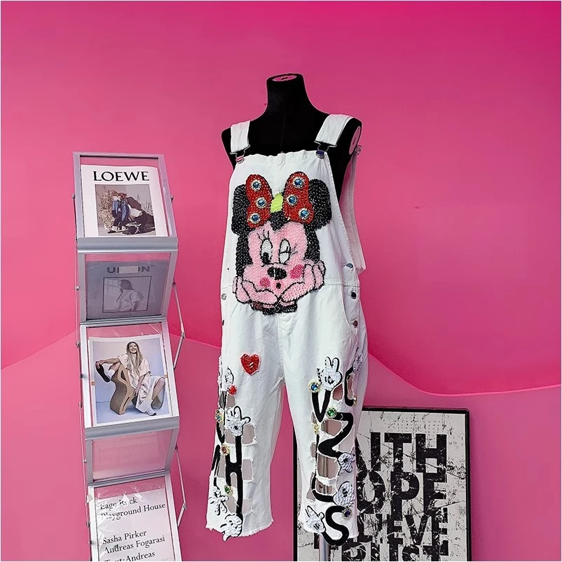 QD1435欧美设计师2025夏季新款重工刺绣亮片米奇破洞字母背带裤女