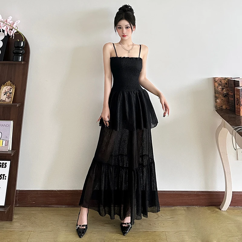 Malou 轻奢温柔遮腰显瘦吊带裙 黑天鹅性感网纱连衣裙女K25D71159