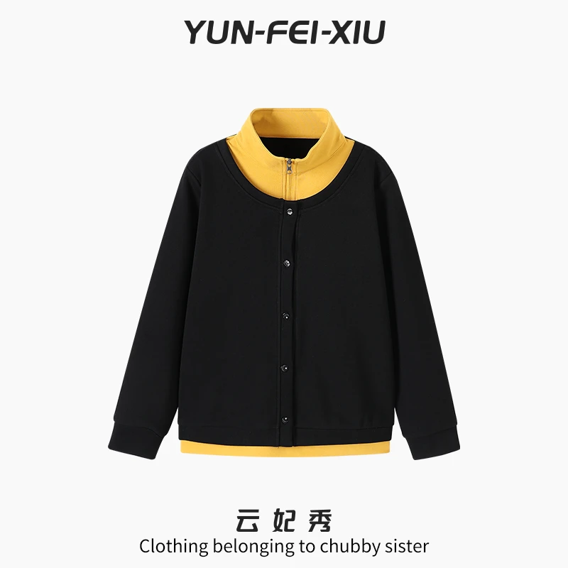 云妃秀大码女装卫衣高领拉链撞色假两件时尚宽松显瘦胖妹妹冬7187