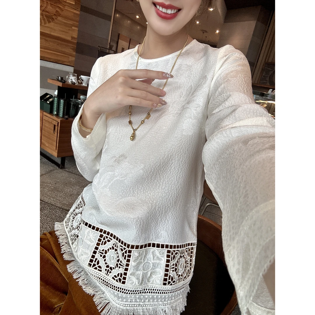 【老罗家】原创真丝衬衫女新中式桑蚕丝绣花镂空流苏长袖圆领上衣