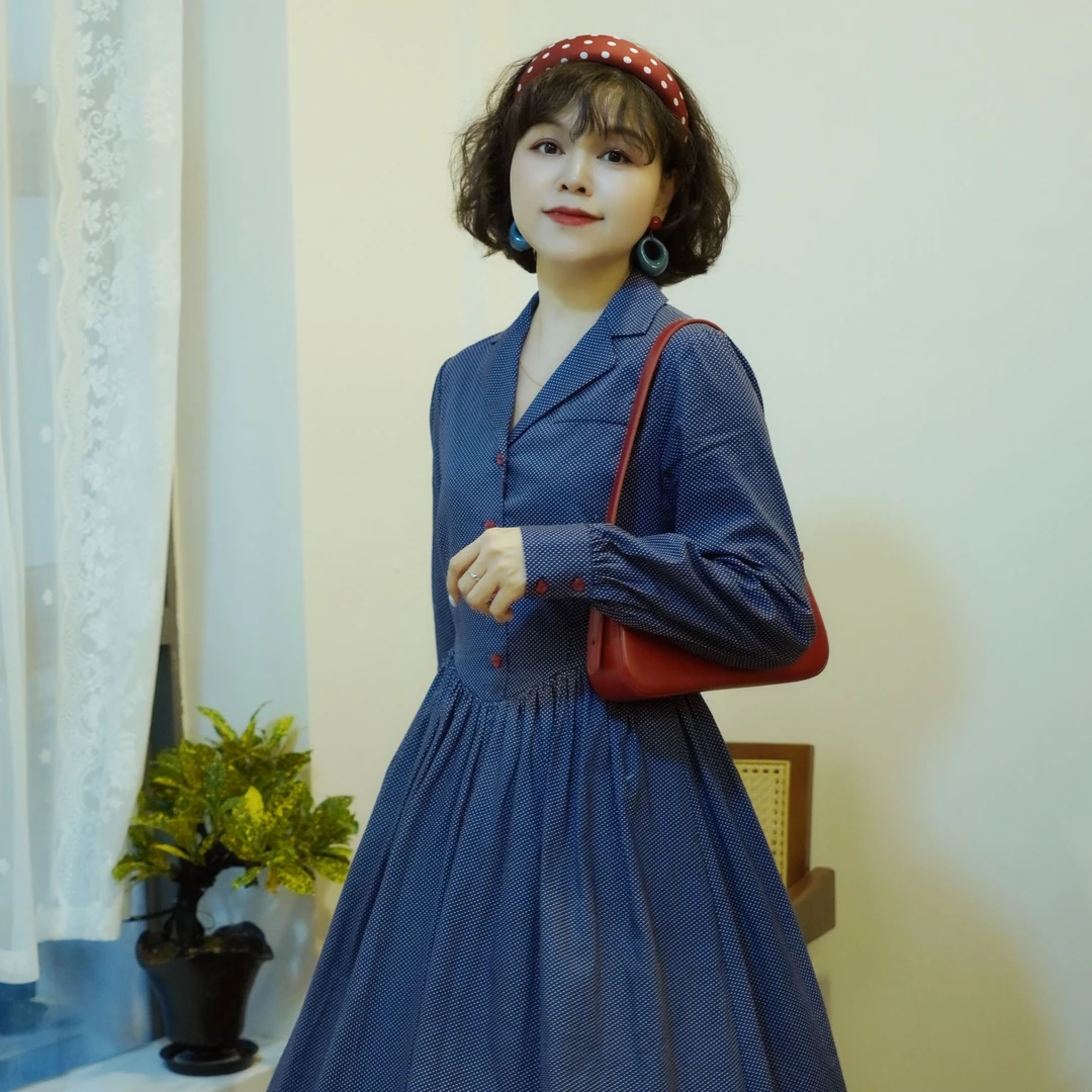 法式复古风波点法式V领高腰中长裙连衣裙长款时尚夏秋休闲气质