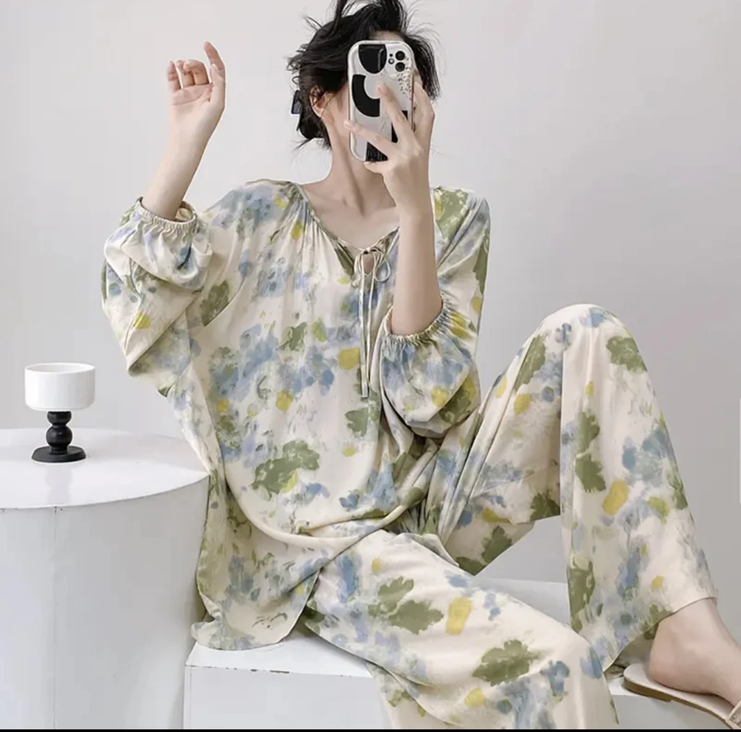 2025夏季外穿时尚家居服减龄休闲棉绸人造棉睡衣空调服大码套装