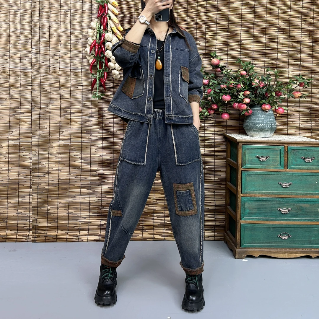 2025春季新款复古牛仔套装休闲百搭时尚宽松洋气减龄妈妈装两件套