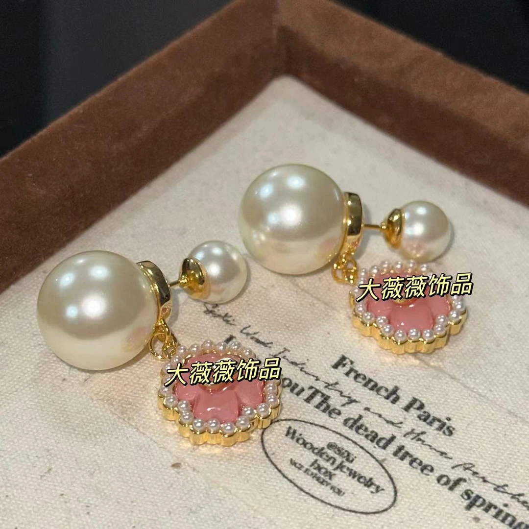 铜合金耳饰 高级感粉色四叶草耳饰-67060