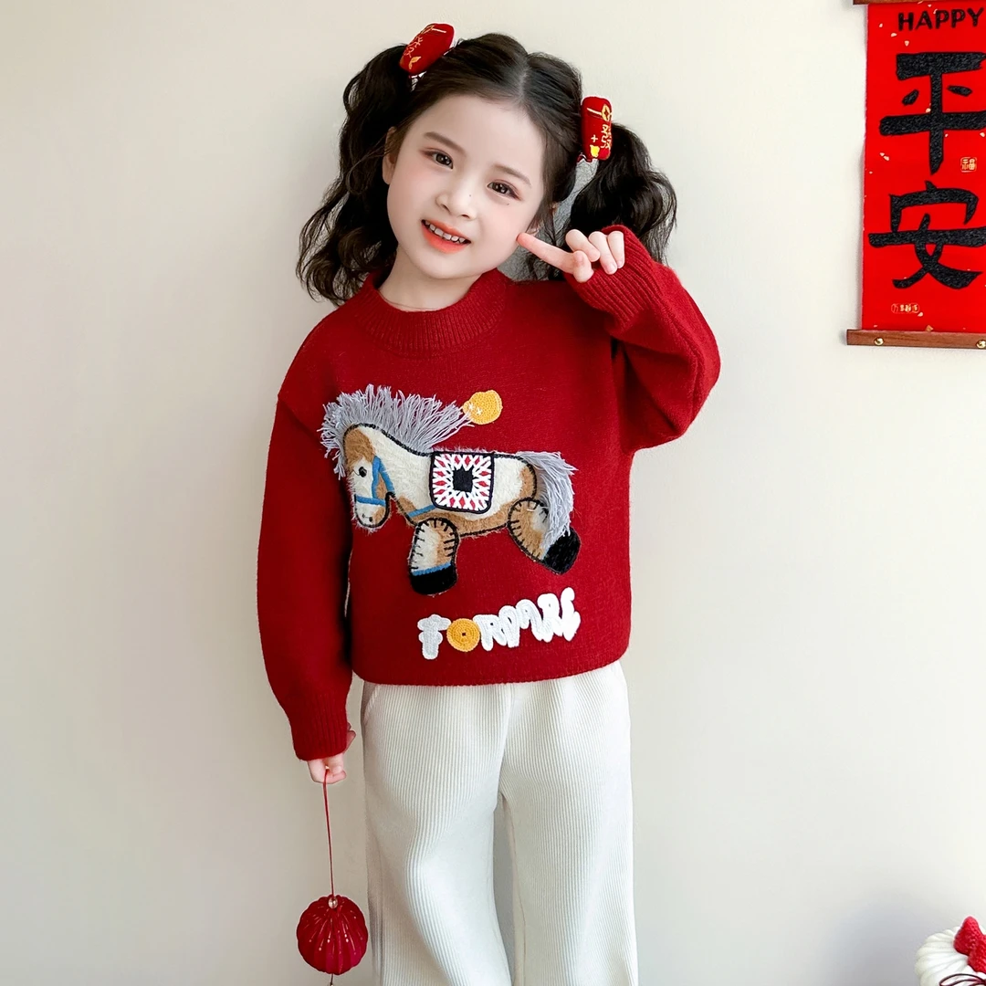 女童红色毛衣2026马年新款儿童拜年服针织衫女宝宝加厚保暖毛线衣