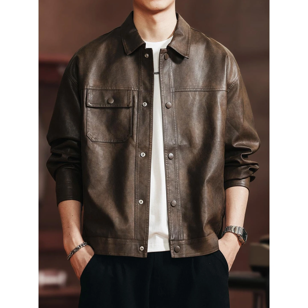 美式户外机车时尚潮流休闲皮衣外套男秋季新款覆古痞帅夹克