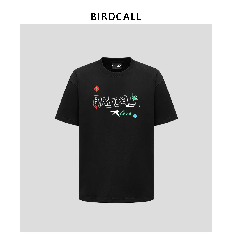 BIRDCALL立体刺绣标语轻奢时尚高级感短袖T恤黑色上衣纯棉男