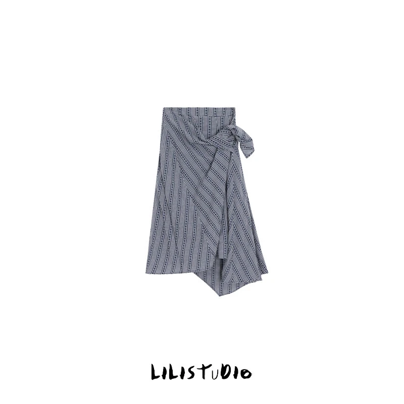 PCNY「蓝格柔影」不理理夏季新款小众女装交叉下摆不规则设计半身裙