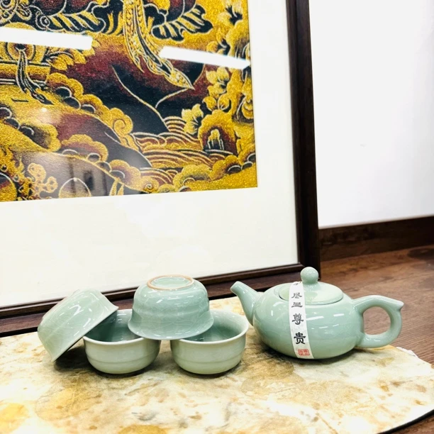 803-绿冰裂扁壶+四杯 （66）