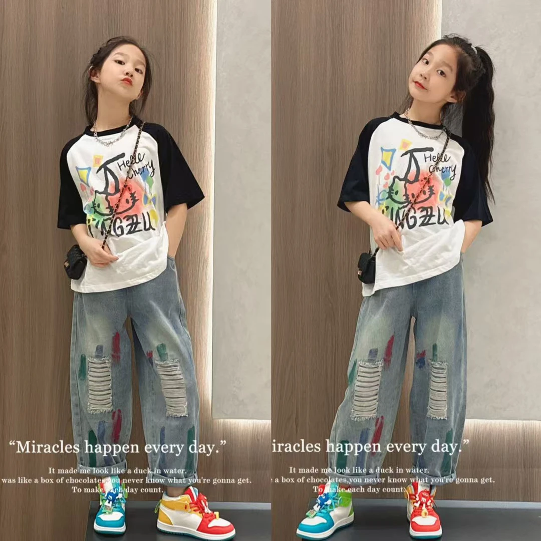 女童拼接短袖T恤夏装2025新款女孩韩版卡通中大童夏季上衣儿童装