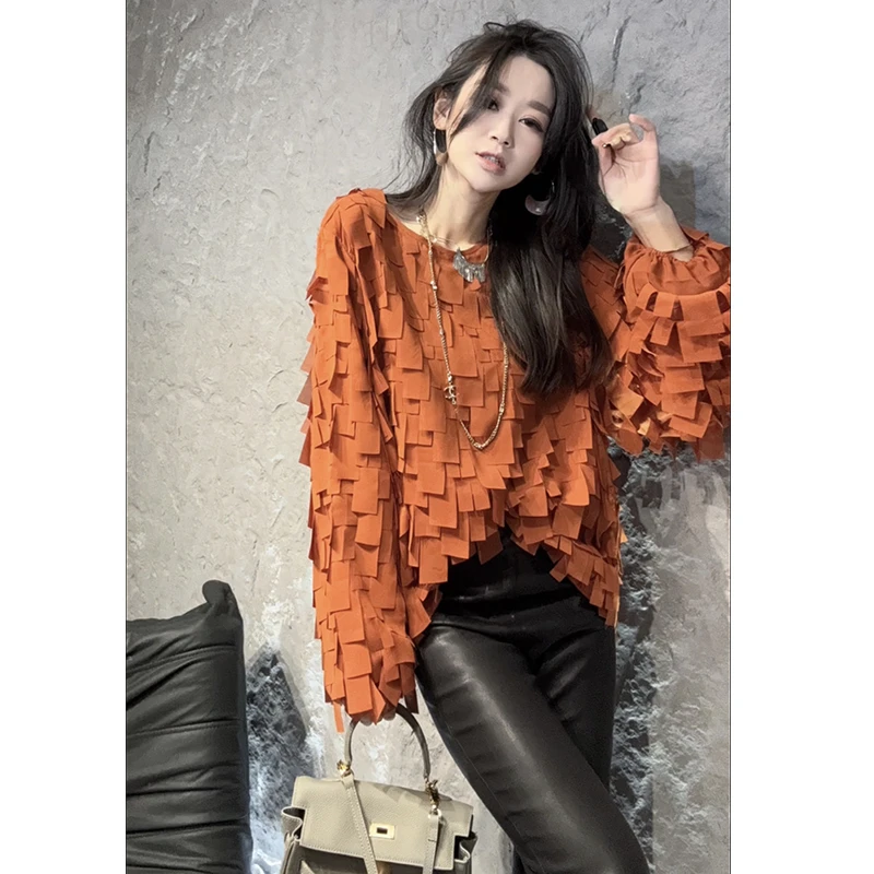 欧货2025早春新款T恤爆款立体流苏纸片宽松中长款T恤女圆领设计感