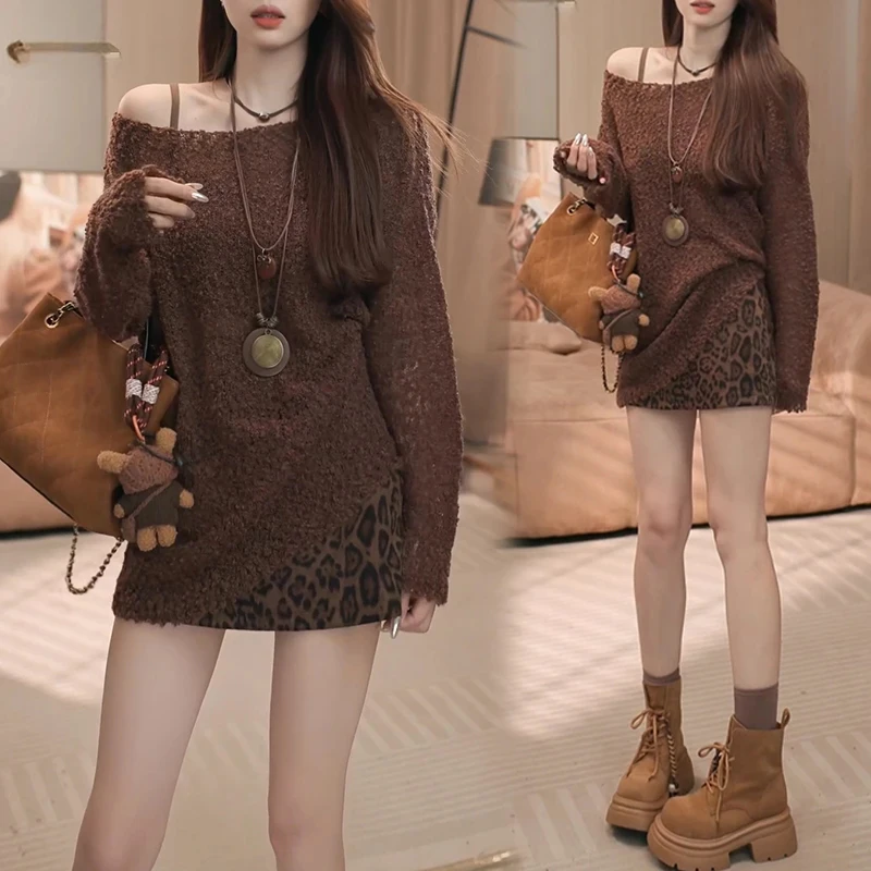 露肩长袖针织T恤女2025春秋新款减龄时尚显瘦百搭毛衣打底衫上衣