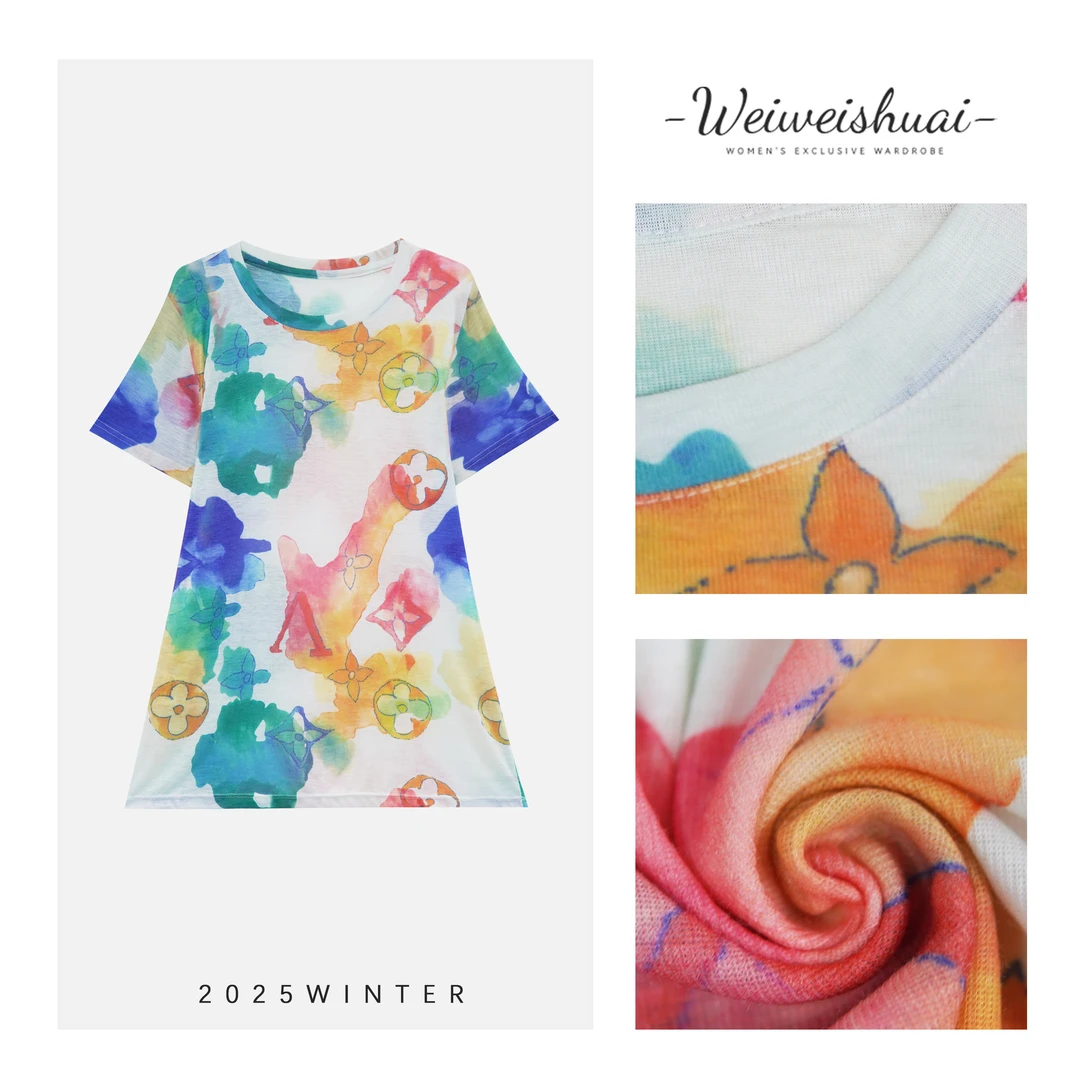 【广州微姐】夏季时尚洋气百搭薄款圆领四叶草印花宽松套头T恤3112