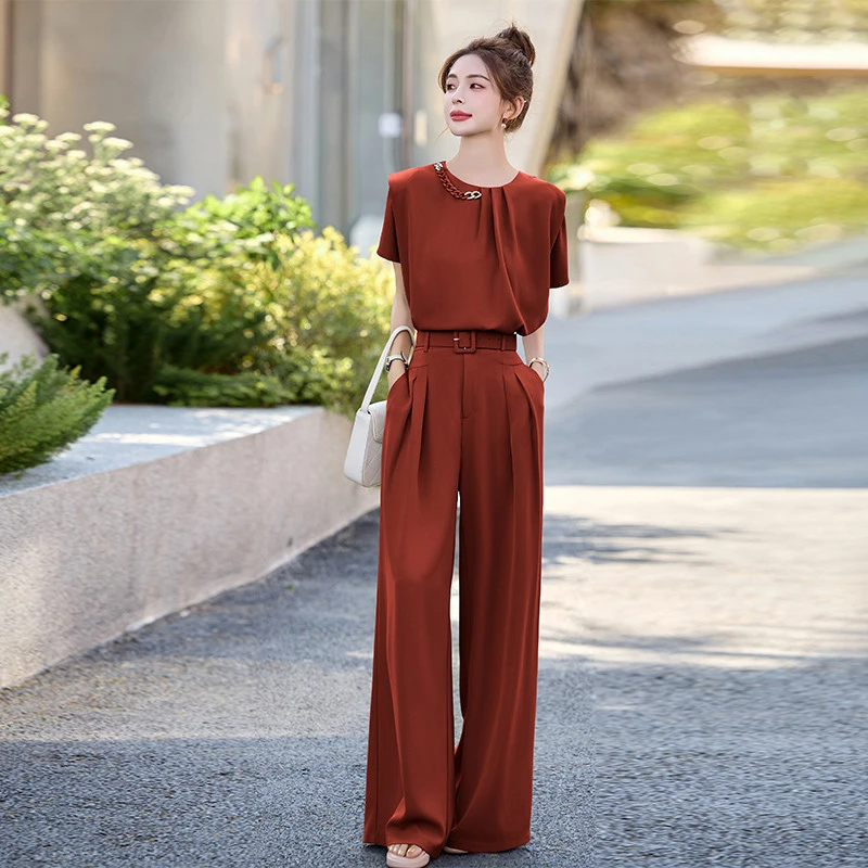 时尚休闲职业套装女夏新款气质女神范纯色收腰直筒西裤两件套