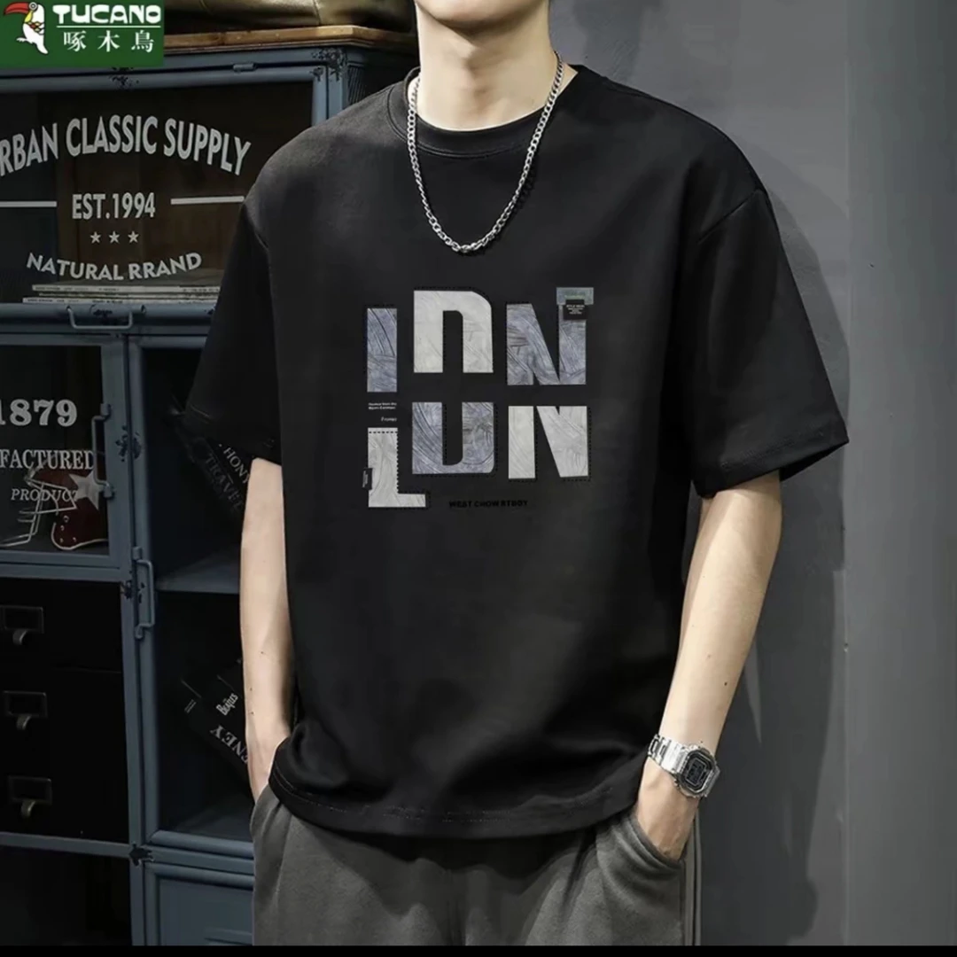 啄木鸟2025新款夏季男士纯棉短袖T恤爆款休闲时尚圆领全棉半袖ins