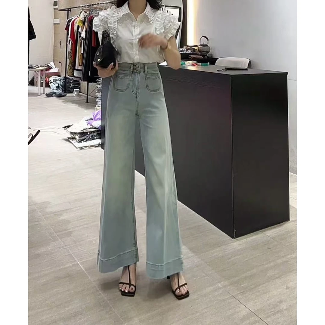 【Wan wan】前蓝两粒扣前两小口袋弹力牛仔微喇裤