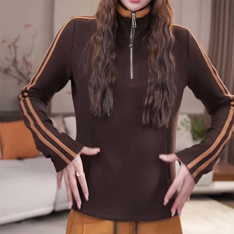 韩系复古条纹立领半拉链卫衣女秋冬季小个子时尚百搭修身显瘦上衣