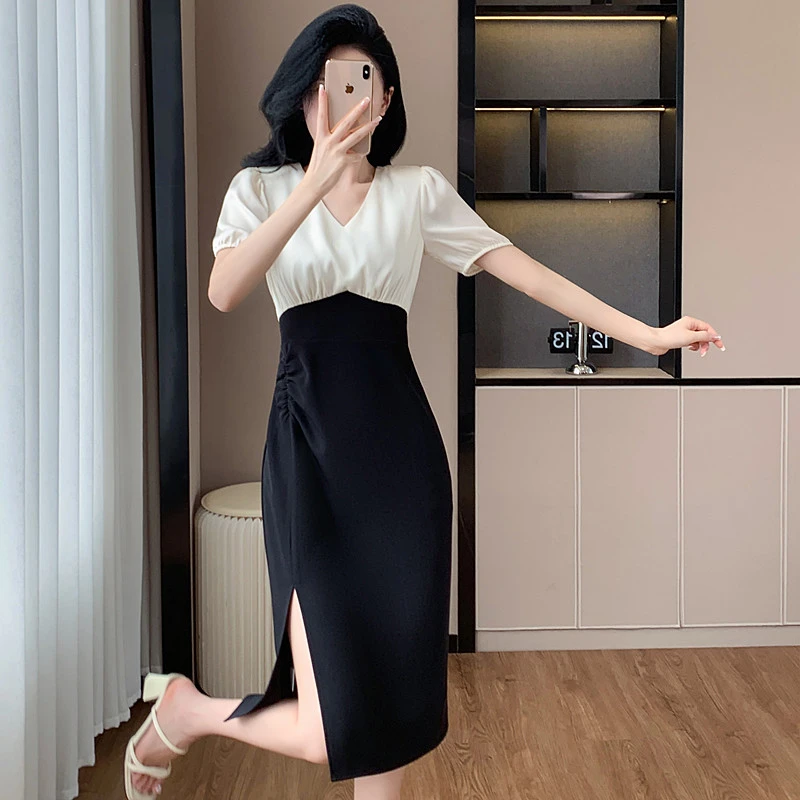 2025夏季名媛气质女神范茶歇中长拼接裙法式淑女开叉高级感连衣裙