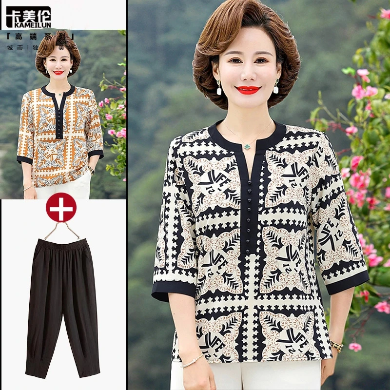 妈妈春装洋气七分袖T恤复古印花雪纺上衣时尚中老年人女妈妈夏装