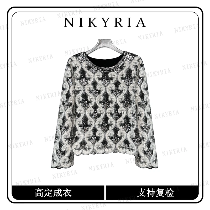 H【眷恋海风】毛绒针织钩花上衣轻奢亮片钉珠长袖T恤气质女