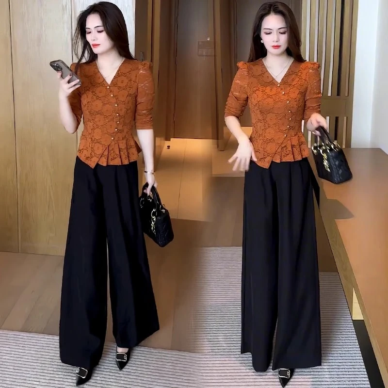 2025春秋季新款设计感V领蕾丝衫洋气显瘦高级感打底衫时尚套装女