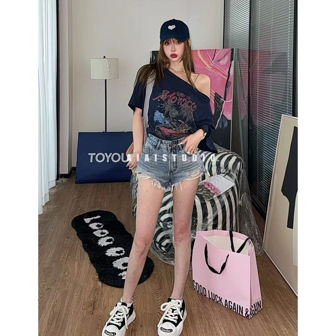 AIAI【moco潮T】字母印花露肩宽松慵懒T恤短袖夏季百搭上衣女韩