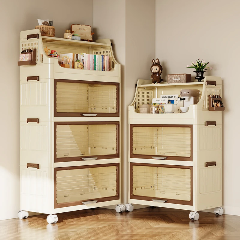 家用折叠书架客厅带门防尘书本多层柜子玩具置物柜书柜多层储物柜