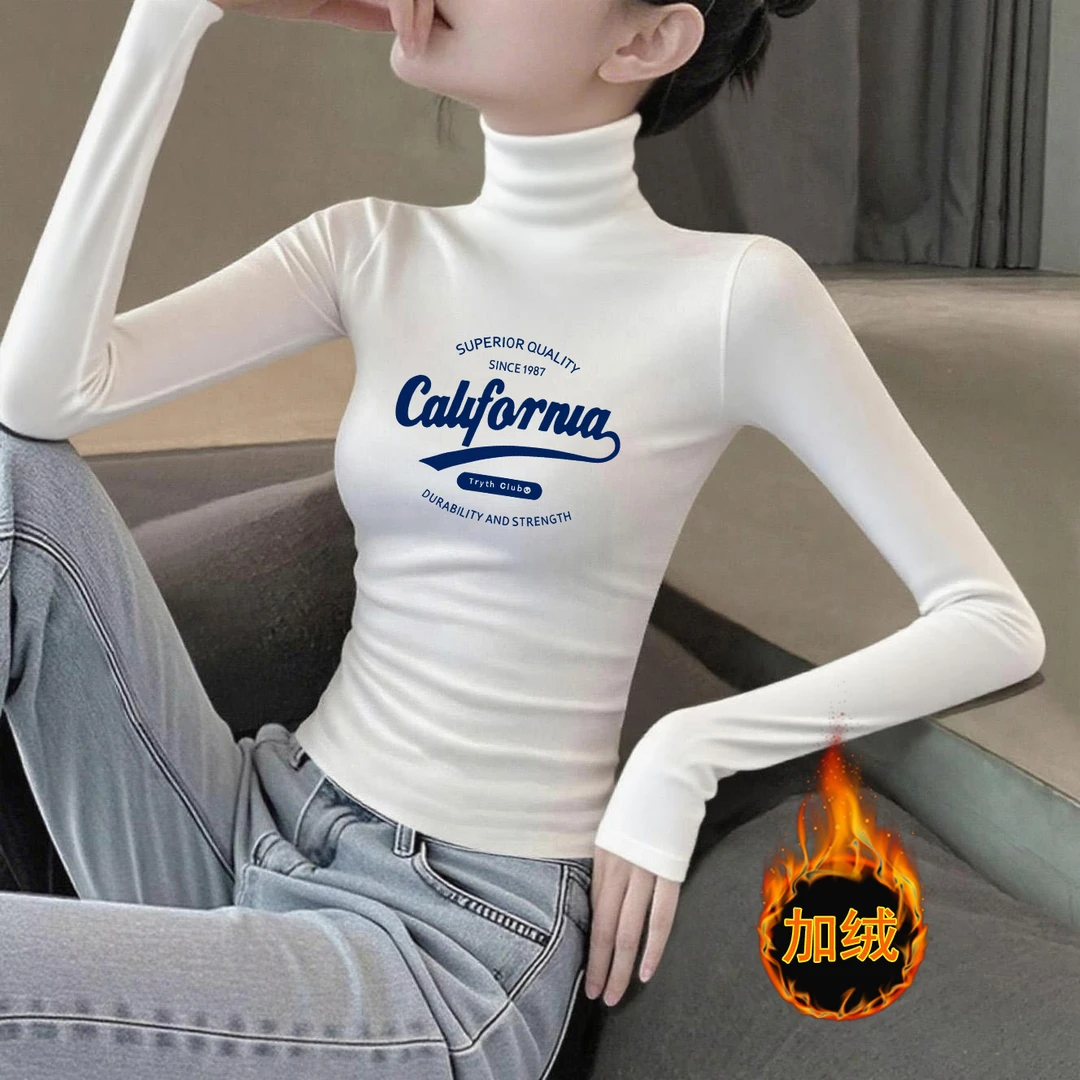 白色德绒打底衫女款内搭冬季修身时髦百搭高领加绒长袖印花上衣潮