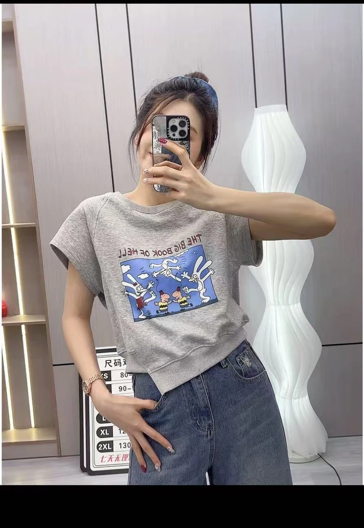 7579夏季花朵刺绣宽松短袖宽松型短款T恤蝙蝠袖短袖印花上衣Z