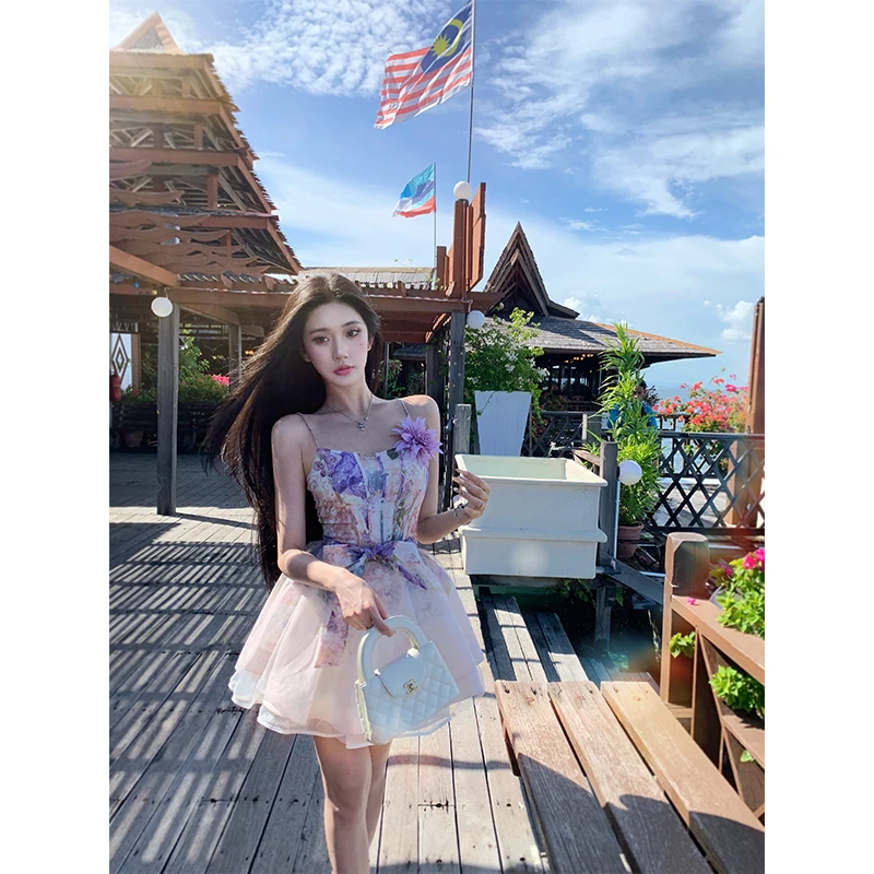 Barb Chill【紫光晨曦 】春季印花吊带裙田园度假蓬蓬连衣裙