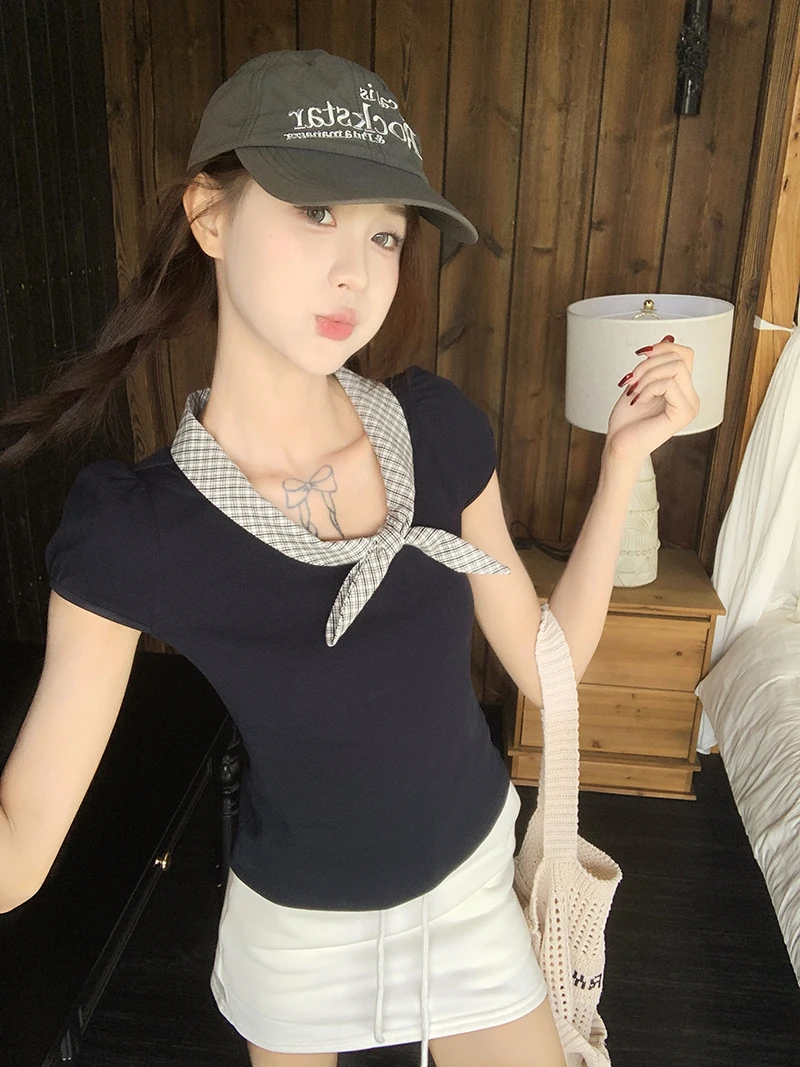 甜美风复古撞色纯棉休闲短袖T恤女夏季小众绑带修身显瘦百搭上衣