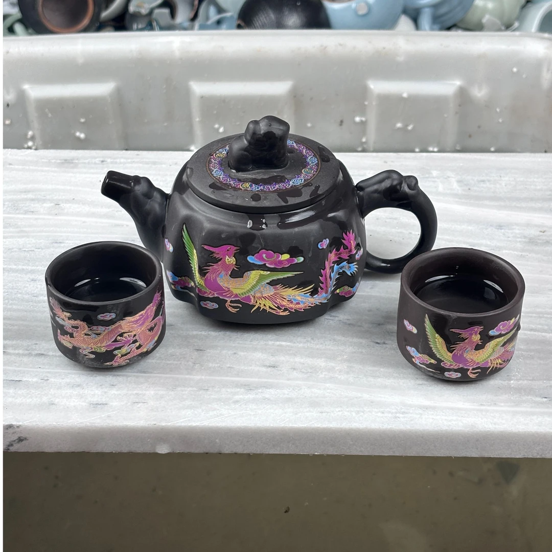 【闪购商品】龙凤呈祥深井老紫泥四方壶(紫气东来款带两杯)