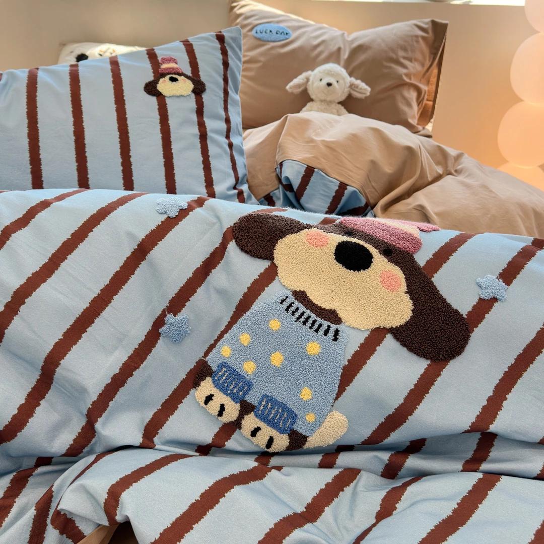 【朵罗塔】卡通小狗加厚磨毛床上四件套纯棉100%全棉2025被套床单款