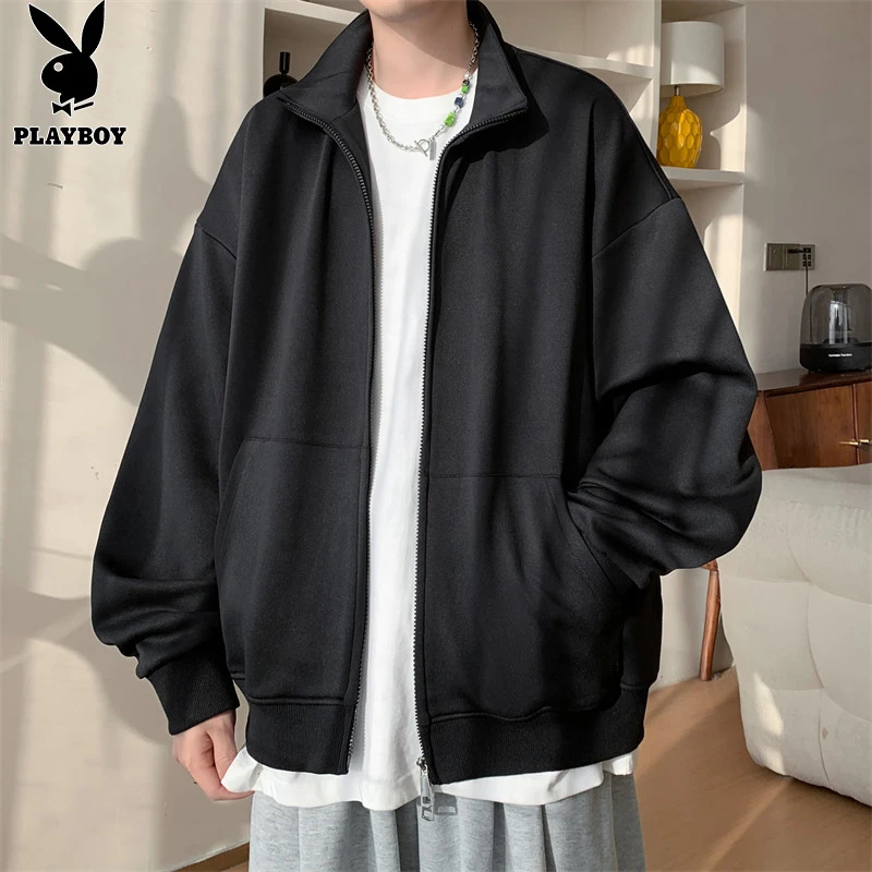 花花公子开衫款立领长袖拉链卫衣百搭透气纯色ins春季韩版上衣男