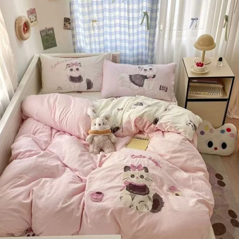 2025新款水洗棉毛巾绣四件套可爱粉色女孩少女心单人床上用品床单