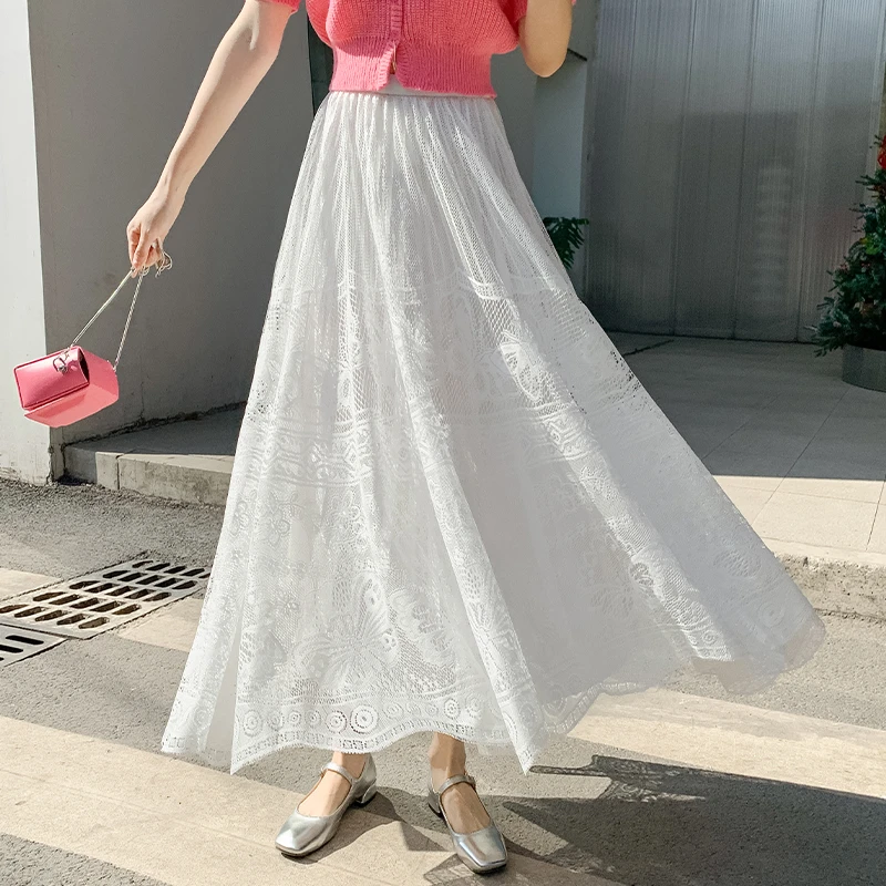 蝴蝶提花钩花镂空蕾丝裙中长款白色半身裙夏季新款法式温柔百褶裙