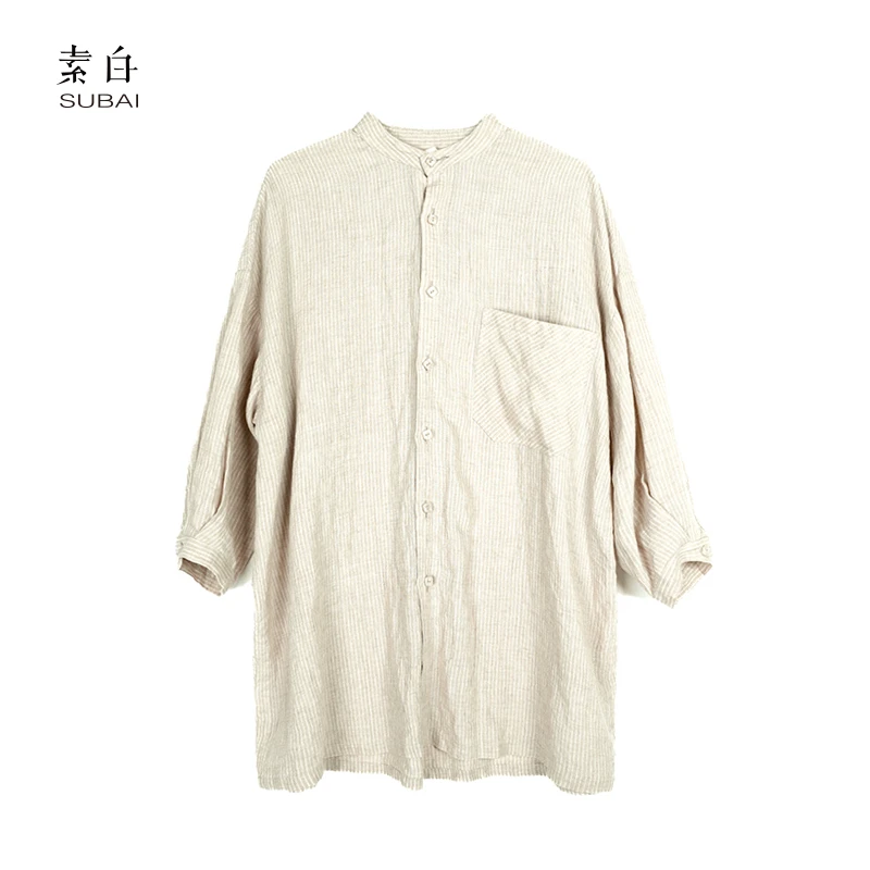 素白【从简】春款亚麻中式极简条纹七分袖休闲慵懒衬衫92472