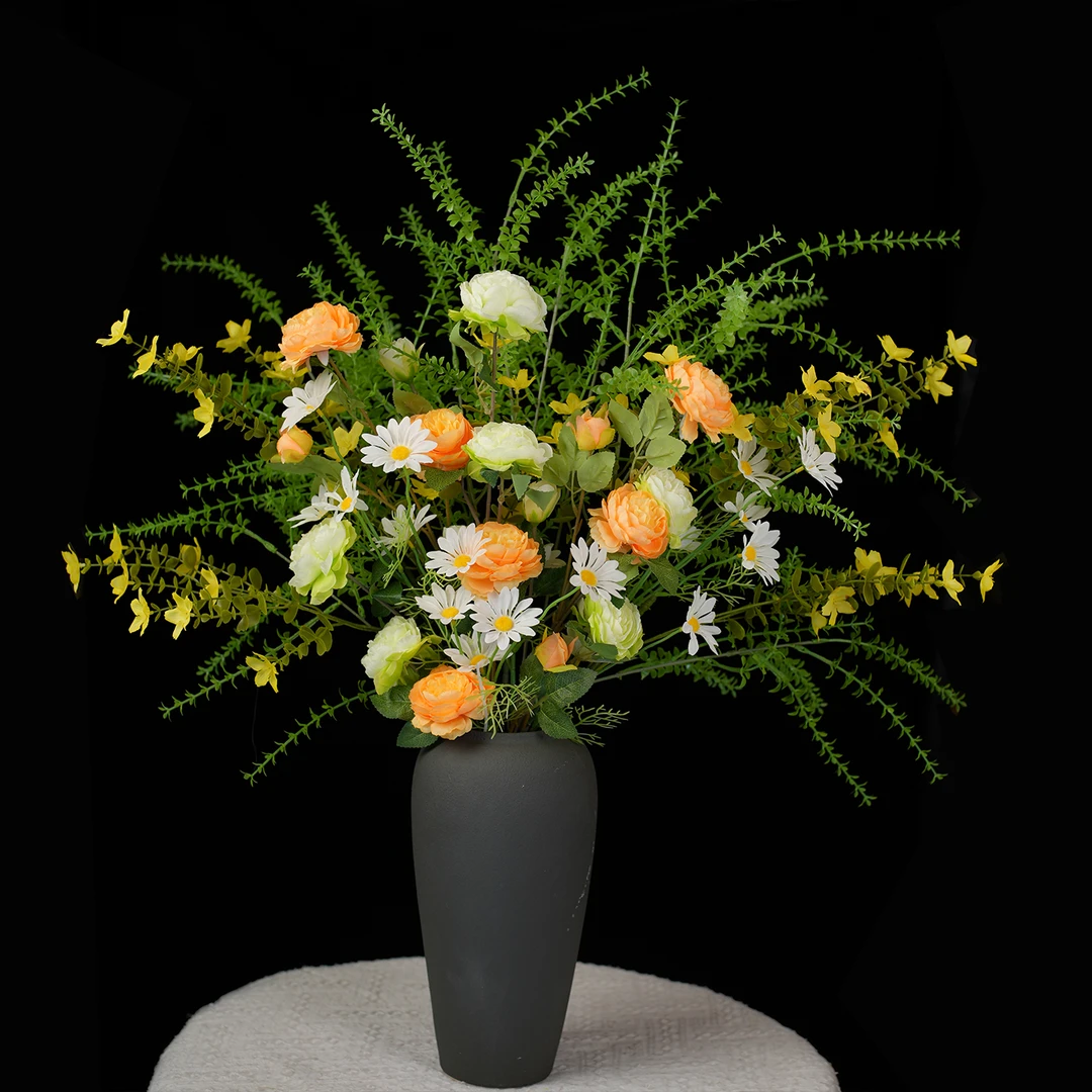 橘玫瑰假花满天星洋牡丹餐桌仿真花客厅卧室落地装饰(散装发货)