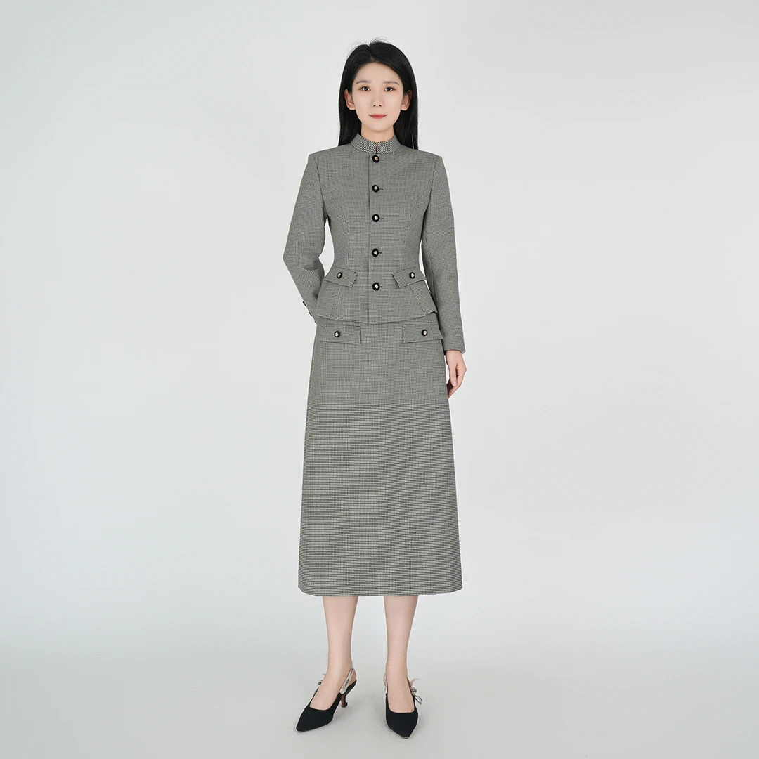 【高定系列】气质立领千鸟格知闲羊毛套装HCSS050699+HCSS050700