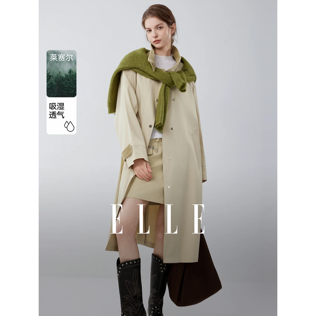 ELLE女装拼接灯芯绒廓形风衣2025秋季新款莱赛尔天丝外套ED51957