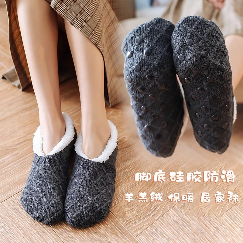 冬季防滑地板袜特厚保暖羊羔绒女士地板袜防滑抗菌防摩擦地板袜