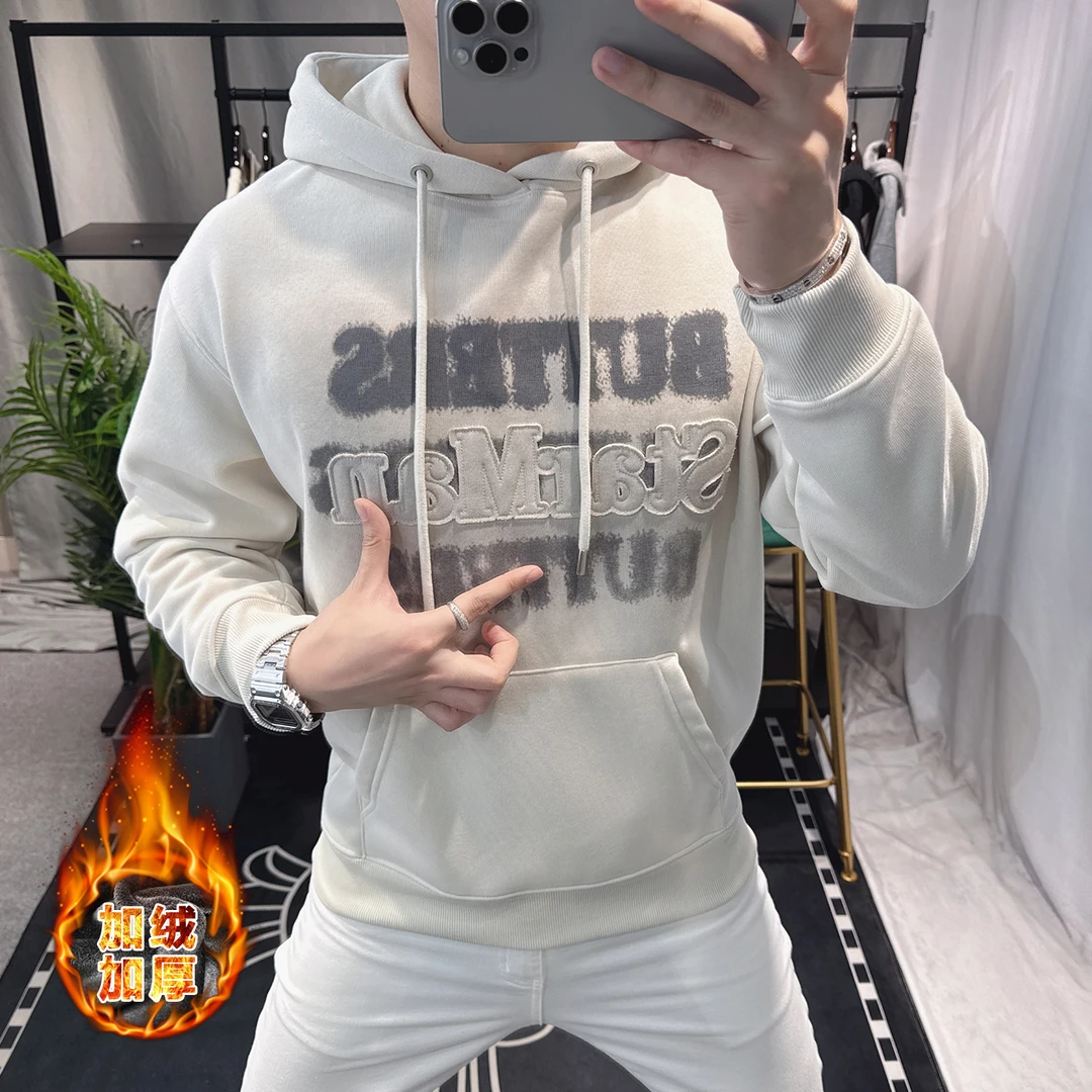 欧洲站冬季重磅连帽卫衣男2025新款加绒加厚字母印花宽松帽衫外套